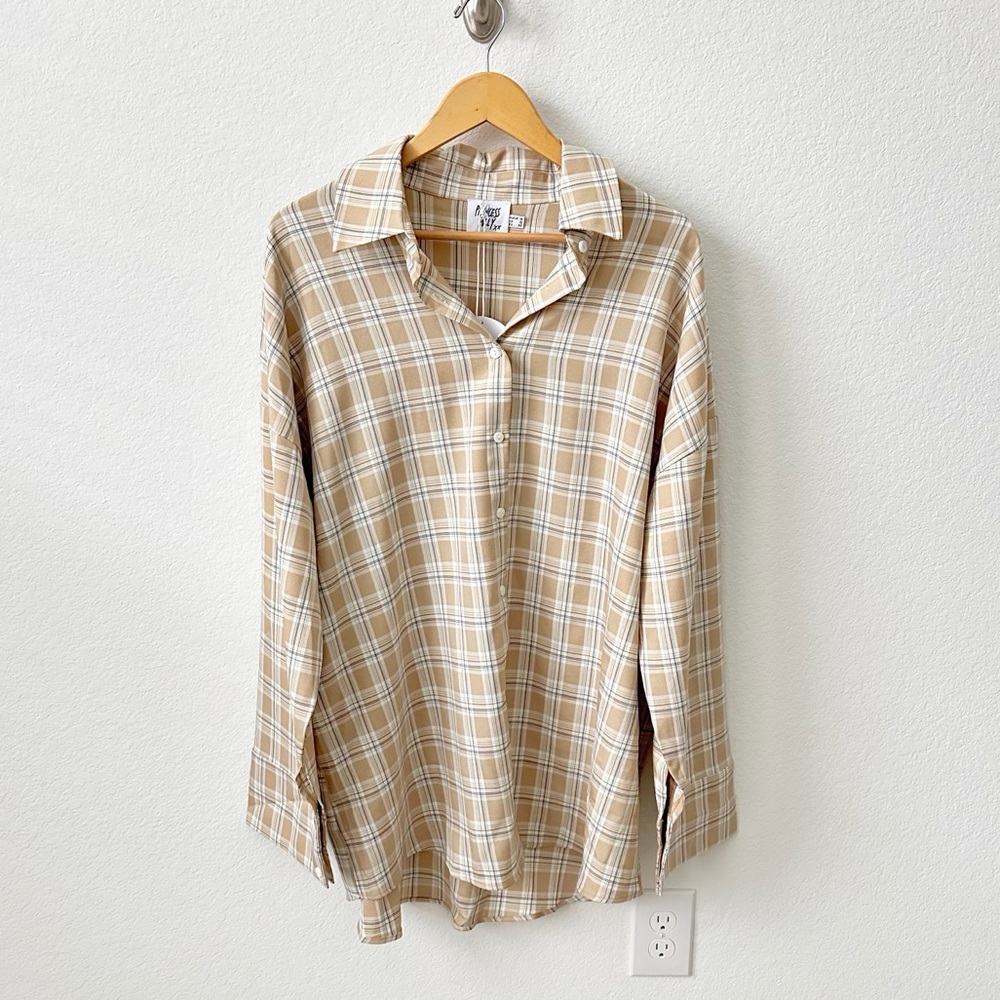 NEW Princess Polly Essie Mini Dress Beige Plaid Oversized Size 10